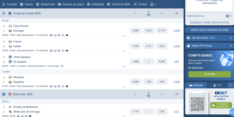 1xBet Sénégal, paris en direct (live)